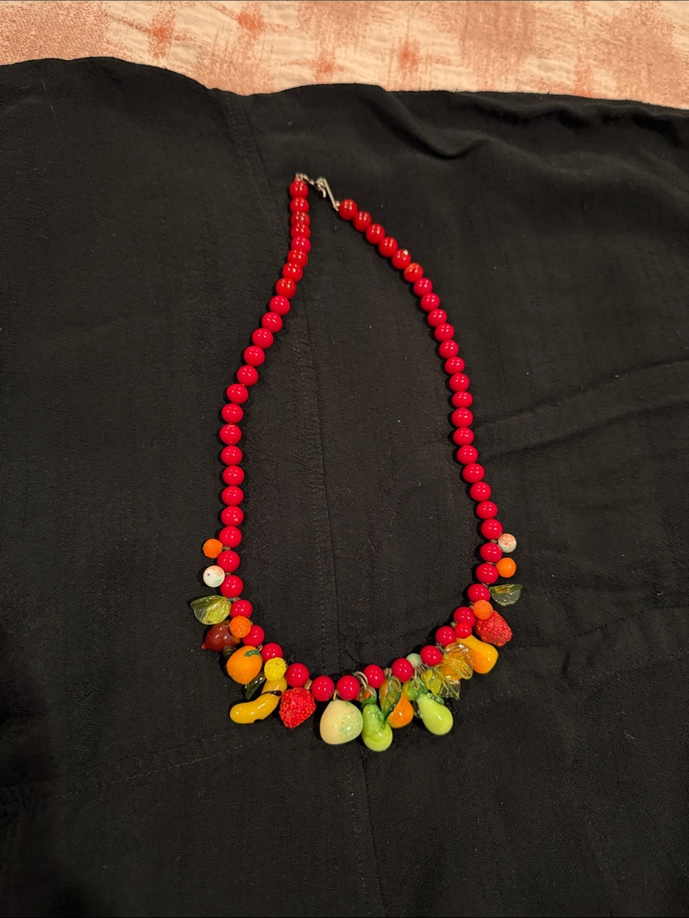 Vintage glass Red Beaded Necklace with Fruit salad Charms - Women Jewelry